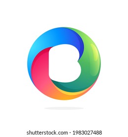 B letter logo inside swirling loop circle. Negative space style icon. Colorful gradient emblem for your social network app, fun avatar or loading screen.