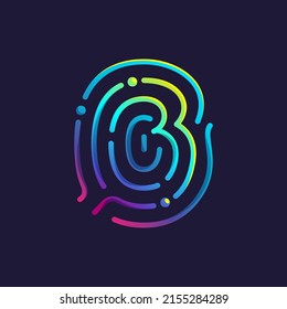 B letter logo made of fingerprint. Multicolor line icon with vivid gradients and shine. Perfect for online payment art, biometric design, nightlife advertising, digital packaging, modern identity.
