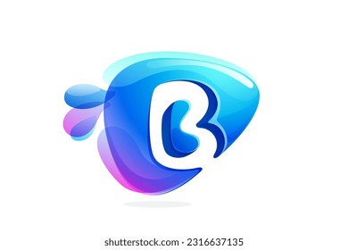 B letter logo made of spring water and dew drops. Environment friendly initial. Pure eco emblem in overlapping watercolor style. 3D realistic icon in round triangle arrow shape. Vector play button.