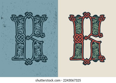 B letter logo in medieval knots lines style. Dim colored drop cap icon. Engraved barbarian emblem. Vintage illuminated initials. Perfect for vintage premium identity, Celtic posters, luxury packaging.