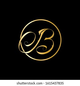 B letter logo with nice black background and gold script font.B letter icon.