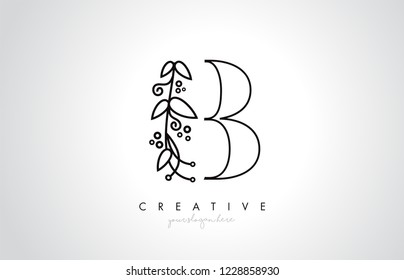 B Letter Logo With Organic Monogram Plant Leafs Detail and Circle Design. Creative Letter Icon Logo.