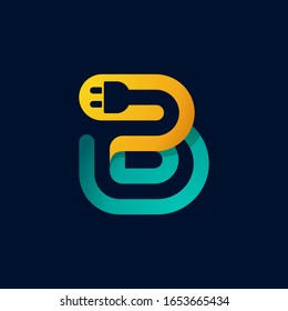 B letter logo with plug cable inside. Vector typeface for electric car identity, technology headlines, charging posters etc.