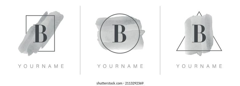 B letter logo with rectangle, circle and triangle design with watercolor brush stroke in gray tones.