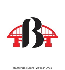 B letter logo with red bridge construction vector graphic element