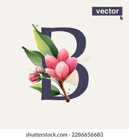 B letter logo with Sakura blooming flowers. Vector realistic watercolor style. Pink cherry petals, bud, branch, and green leaves. Perfect for wedding invitations, greeting cards, Mother's Day posters.