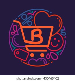 B letter logo with shopping cart icon, hearts and smile.  Vector design element for card, corporate identity, label or poster.
