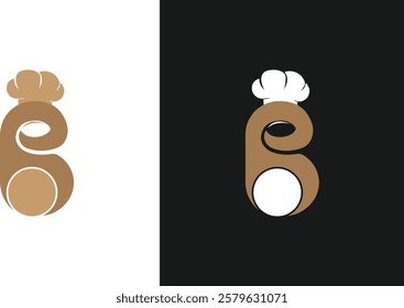 B letter logo with spoon and plate with chef hat Black and white background