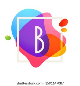 B letter logo in square frame at watercolor splash background. Color overlay style. Vector typeface for labels, headlines, posters, cards etc.