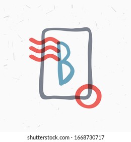Logotipo de letra B en marco cuadrado con líneas onduladas y sello circular. Estilo de superposición de color. Tipo de marca postal vectorial para etiquetas, titulares, carteles, tarjetas, etc.