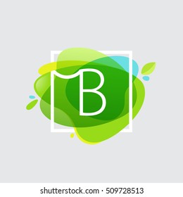 B letter logo in square frame at green watercolor splash background. Green art. Vector ecology typography for your posters, invitations, cards. 