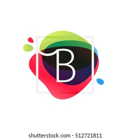 B letter logo in square frame at multicolor splash background. Vector watercolor elements for posters, t-shirts and cards.