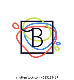 B letter logo in square frame at colorful line background. Font style, vector design template elements for your posters, invitations, cards. 