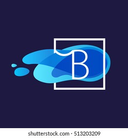 B letter logo in square frame at watercolor blue flow background. Vector ecology typography for your posters, invitations, cards. 