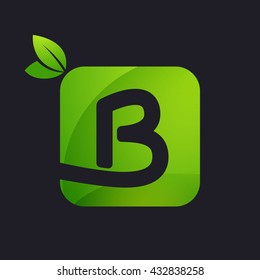 B letter logo with square and green leaves. 