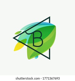 Logotipo de letra B en marco triangular con fondo de color de las hojas verdes. Tipo de ecología vectorial para etiquetas botánicas, titulares de paisajes, afiches de reciclaje, tarjetas orgánicas, etc.