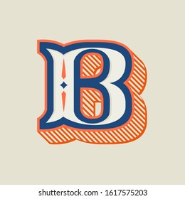 Logo de la letra B en estilo occidental vintage con sombra a rayas. Fuente vectorial para etiquetas de barbería, carteles deportivos, tarjetas de joyería, etc.