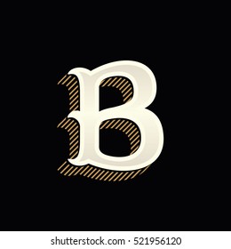 B letter logo in vintage western style with lines shadow. Vector font for barber shop labels, sport posters, jewelry cards etc.