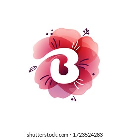 B letter logo at watercolor overlapping flower. Negative space icon with ink herbs and leaves pattern. Perfect font for botanical labels, birthday print, wedding posters etc.