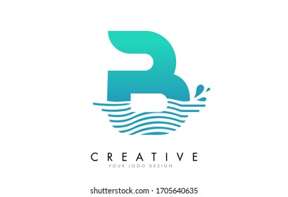 B Letter Logo with Waves and Water Drops Design Vector Illustration.