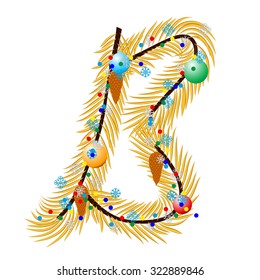 B- Letter. Made of a Christmas tree with festive decorations. Isolated on white