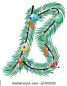 B- Letter. Made of a Christmas tree with festive decorations. Isolated on white