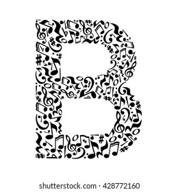 B letter made of musical notes on white background. Alphabet for art school. Trendy font. Graphic decoration.