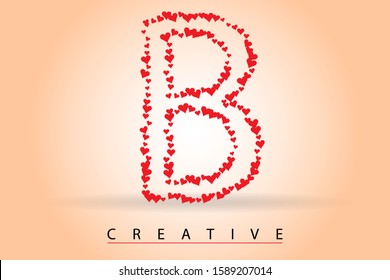 B letter with many red love hearts borders vector illustration. Styled Valentine letter for Valentine's Day, love message, wedding invitation, icon, logo, label, brochure, greeting card or web page.