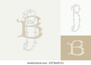 B letter marriage monograms for bride and groom names. Wide and Narrow capitals. Initials with thin swirled lines and lush foliage patterns. Perfect for wedding, anniversary, birthday invitation.