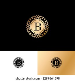 B letter or monogram. The original gold B letter symbol in a circle with lace ornament. Classic style.