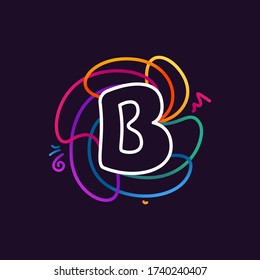 B letter neon line colorful logo. Great vivid icon for digital labels, science print, nightlife advertising, etc.