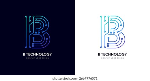 B letter network logo design for robot tech innovation. Futuristic typographic alphabet logo, AI bot technology corporate brand circuit vector. Techno gradient electric cyber text line.