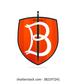 B letter on the sword and shield. Font style, vector design template elements for your application or corporate identity.