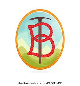 B letter outdoor logo formed by rope with axe. Mountain hiking themed vector design template elements for your sportswear, app icon, corporate identity, labels or posters.