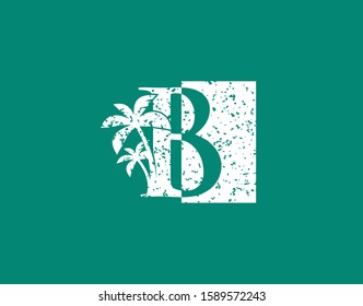 B Letter Palm Tree Logo Icon With Retro Half Tone Style. Perfect for surfing shop, sport, Tour and Travel. Initial B with sea wave and palm tree.