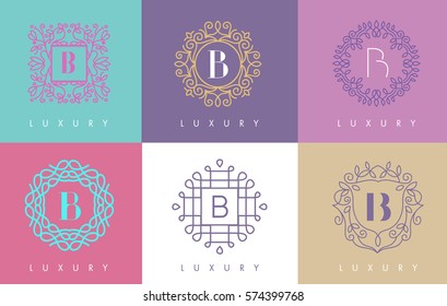 B Letter Pastel Floral Monogram Lines Logo Design. Elegant Linear Cosmetic Beauty.