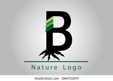 B Letter with root and leaves. Logo Design with Green Leaves on a Branch. Nature concept symbol. Eco and Organic Letter Vector Illustration.