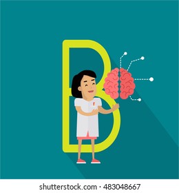 B letter and scientist with artificial brain. Human characters in white gowns with scientific equipment. Alphabet series with people. Centre of nervous system. Educational concept. ABC vector