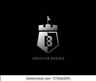 B Letter Silver Shield Icon. Negative Spave Elegant shield Shape Kingdom Logo Design.