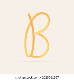 B letter spaghetti design. Vector hand draw realistic food font. Isolated Italian pasta for tasty poster, restaurant identity, gourmet element and more