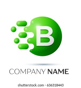 B Letter splash logo. Green dots and circle bubble letter design on grey background. Vector Illustration