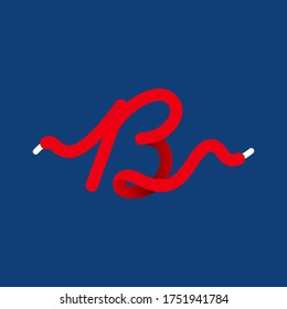 B letter sport logo formed by shoe lace. Vector handwritten script font can be used for workout labels, race headlines, fitness posters, delivery cards etc.