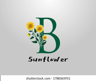 B Letter with sunflower vector design. Flower Plant B Logo Icon. Typography design
