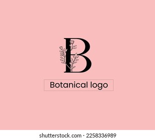 Logo del vector de letra B. Emblema botánico. Signo orgánico, logotipo de la letra inicial B con elemento floral dibujado a mano. plantilla de símbolo de ilustración de vector de diseño