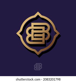 B and B letters. Double B monogram from crossed gold letters into figured frame. Emblem for label, packaging, luxury gifts store, business, clothes or jewelry.