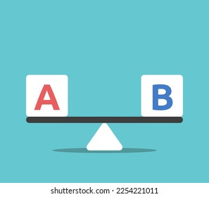 A and B letters on weight scale. Balance, choice, decision, AB or split testing, options and plan concept. Flat design. EPS 8 vector illustration, no transparency, no gradients