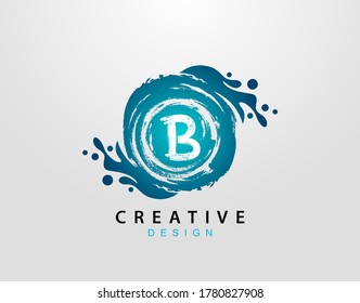 B Logo With Blue Splash Element. Blue Wave logo design template.