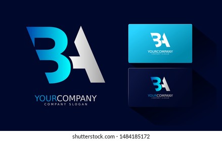 B A Logo and business card. BA Letter modern Design Vector with blue and silver gradient color.