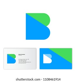 B logo and business card. B flat monogram. Green and blue transparent elements. Building or construction logo. Monochrome option. 