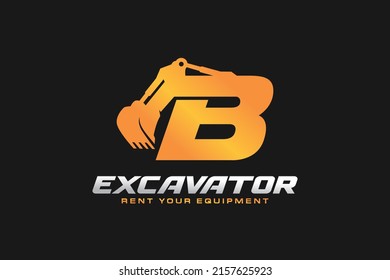 B logo excavator for construction company. Heavy equipment template vector illustration for your brand.